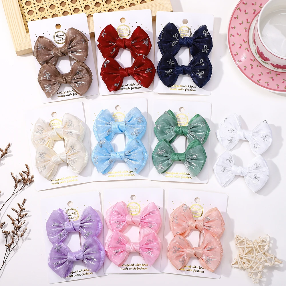 RAINBOW BOWS 2PCS Embroidery Bowknot Hair Clips Set for Kids 2.7inch Cheer Bows Hairgripes Girls Headdress Hair Accessories