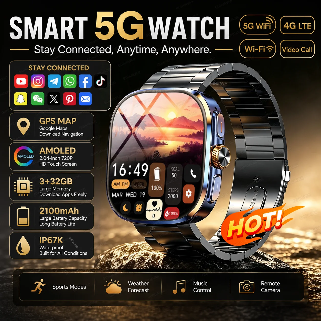 New Original 5G Call Smart Watch 4G wifi 32GB memory social app GPS map men AMOLED HD 2100mAh battery sports business smartwatch