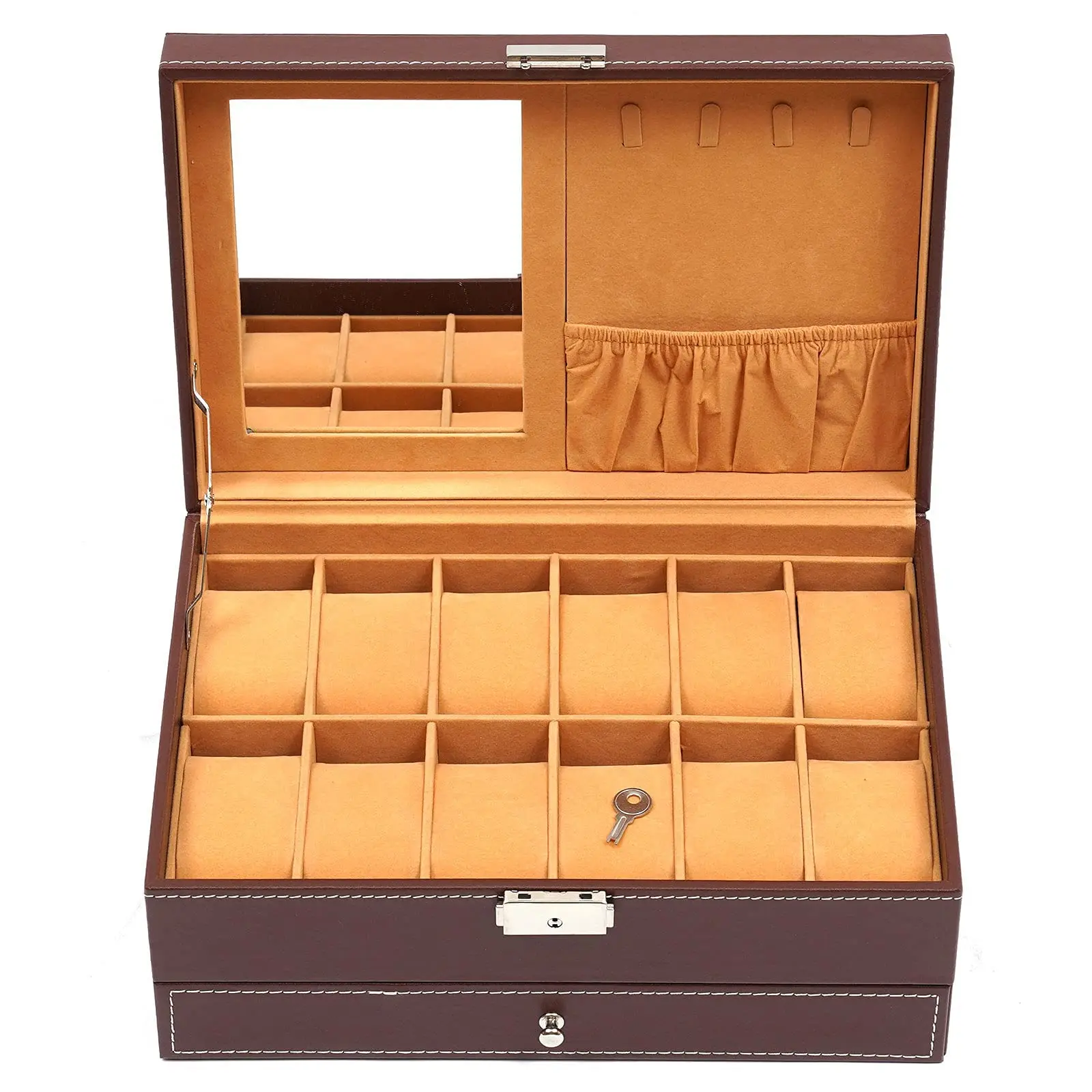 SHZICMY Scatole porta orologi con serratura in pelle PU a 12 slot, custodia per cassetti per gioielli da uomo e da donna, organizer a 2 livelli per orologio S
