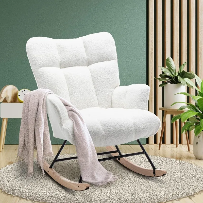 

Nursery Rocking Chair Teddy, Upholstered Glider Rocker with High Backrest, Comfortable Stylish Accent Armchair with Padded Seat