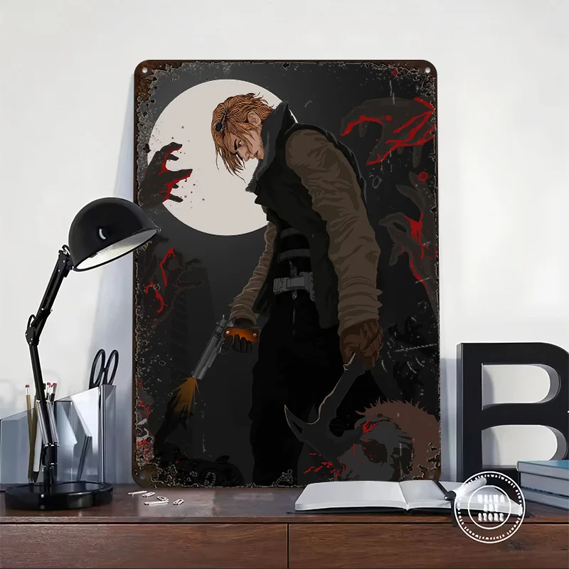 Survivor Fighting Zombies Under the Moon Metal Poster Custom Wall Art Retro Vintage Tinplate Signs for Coffee Bar Accessories