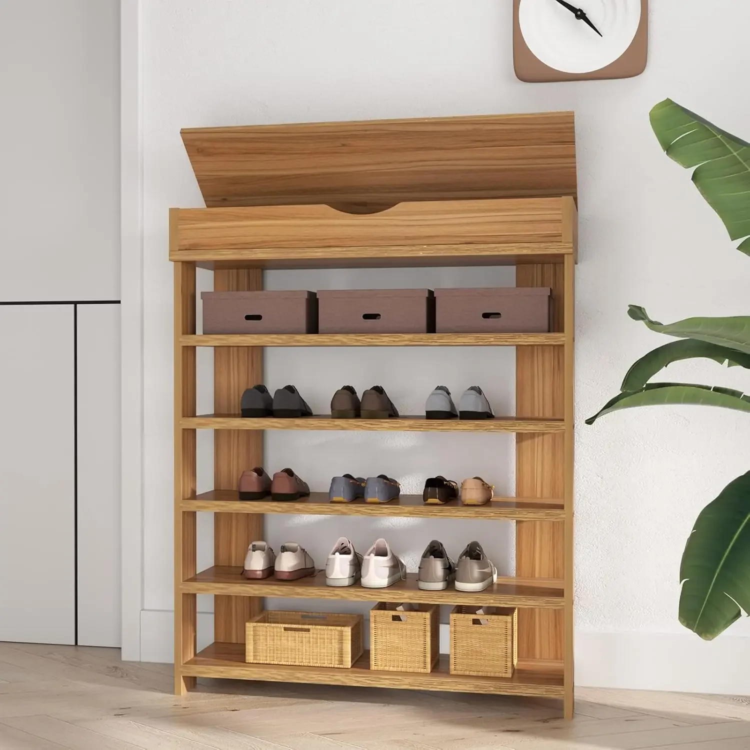 Wooden Composite Shoe Rack with 5 Levels Shoe Rack for Living Room Hallway, Size 75 x 24 x 94 cm, Teak