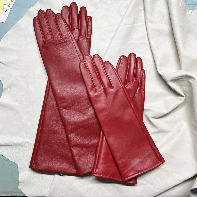 Women Real Leather Long Gloves Full Fingers Winter Warm Elbow Gloves Outdoors Long Sheepskin Rose Red Mittens Wine Red Party