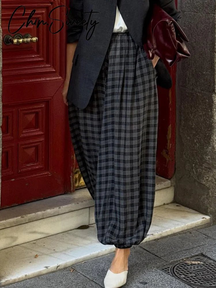 カジュアルチェック柄プリントパンツ女性エレガントなプリーツチェック柄弾性ウエストズボン女性 2026 春夏シックな婦人服