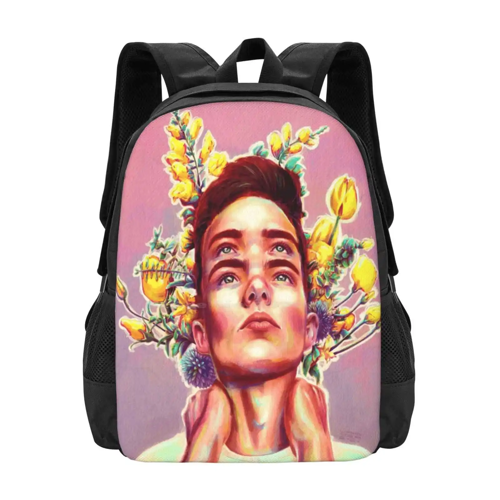 Fours Eyes Floral 3D Print Design Backpack Student Bag Four Eyes Pastel Colors Beautiful Guy Yellow Flowers Floral Pastel Pink