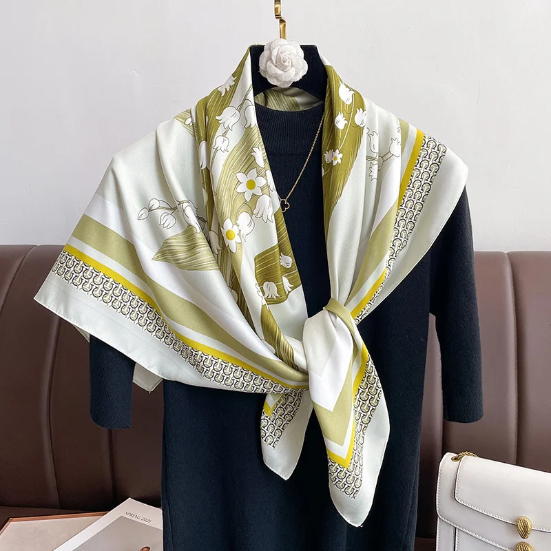 Women Luxury Print Scarf 90cm Square Twill Silk Hijab Bandana Female Neckerchief Foulard Shawl Wraps Echarpe Beach Stoles