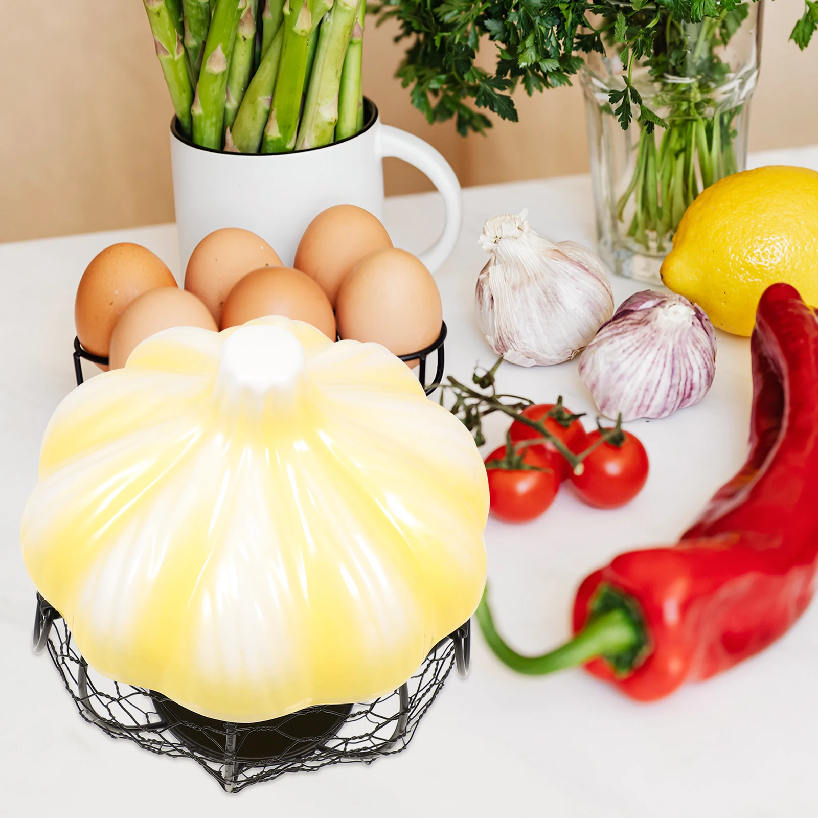 

Egg Storage Basket Desktop Countertop Iron Basket Ceramic Lid Decorative Hollow Chicken Egg Holder Garlic Ginger Container
