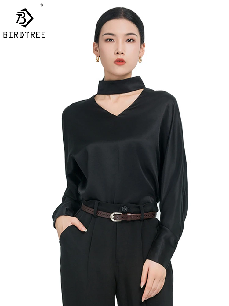 

Birdtree 22MM 100%Silk Shirt Halterneck V-Neck French Solid Long Sleeve Simple Versatile Commute Blouse Spring 2024 T3D985QD