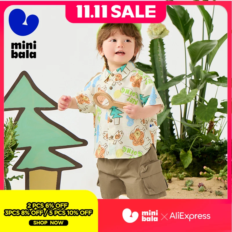 

Комплект из рубашки и шорт Mini Bala с динозавром для маленьких мальчиков, новинка 2025, летний хлопковый наряд для активного отдыха