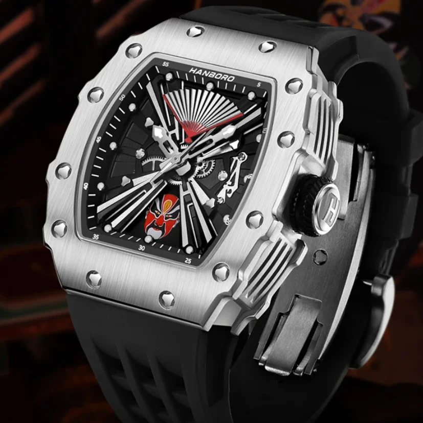 HANBORO Men Automatic Watch Tonneau Mechanical Wristwatch Luminous Waterproof ​Sapphire Rotatable Makeup Miyota Mov