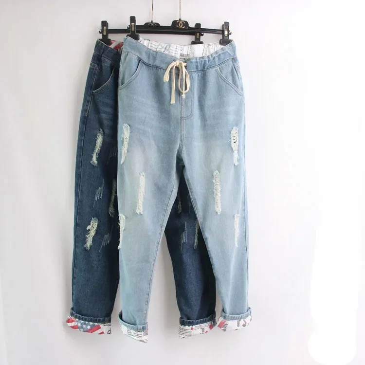 Drawstring Jeans Women Straight Pants Ankle Length Mid Waist Wash Pockets High Street Distressed Holes 2025 Denim Loose