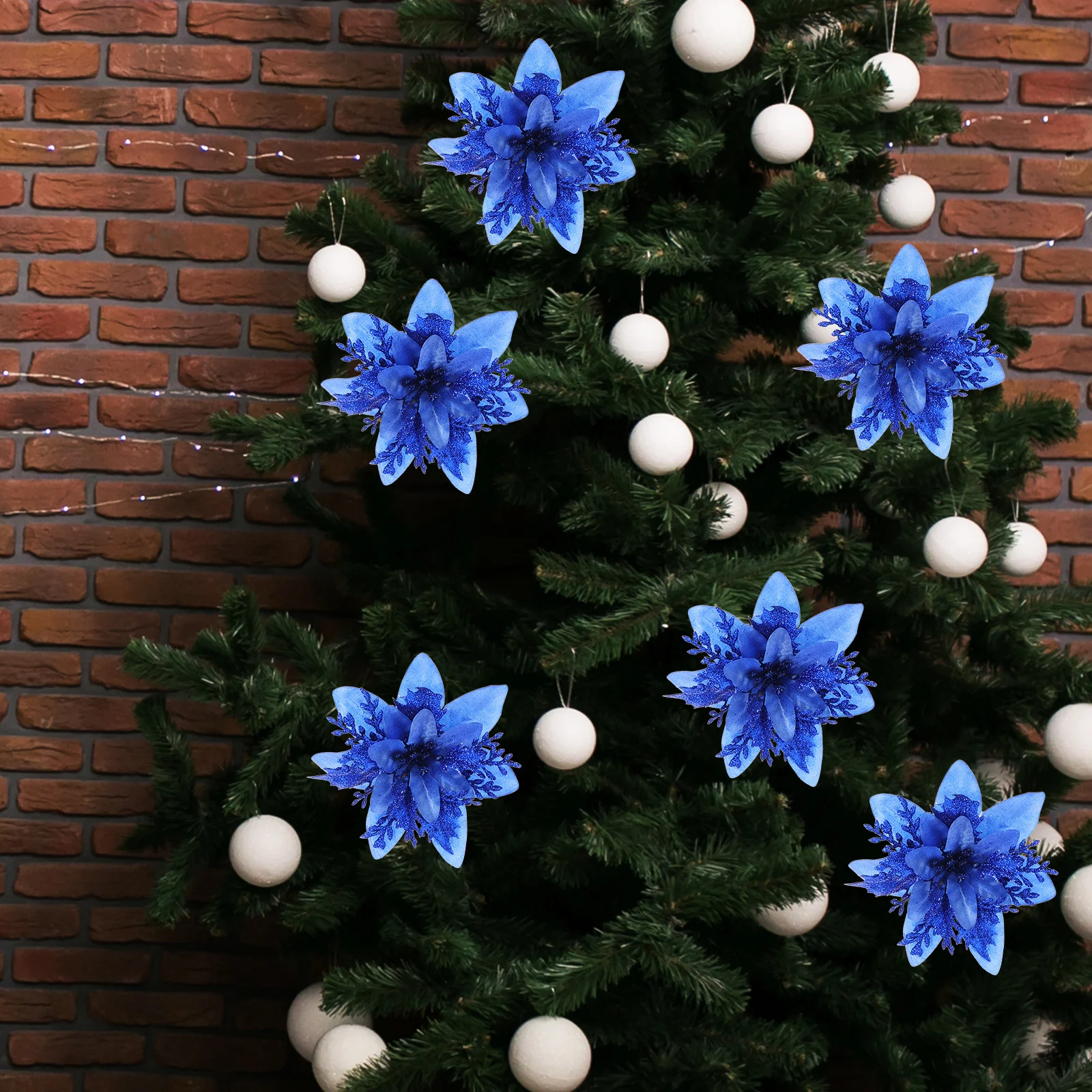 

12Pcs Blue Glitter Artificial Flowers Decorations Xmas Tree Garland Wreath Centerpiece Lifelike Fake Flower Decors