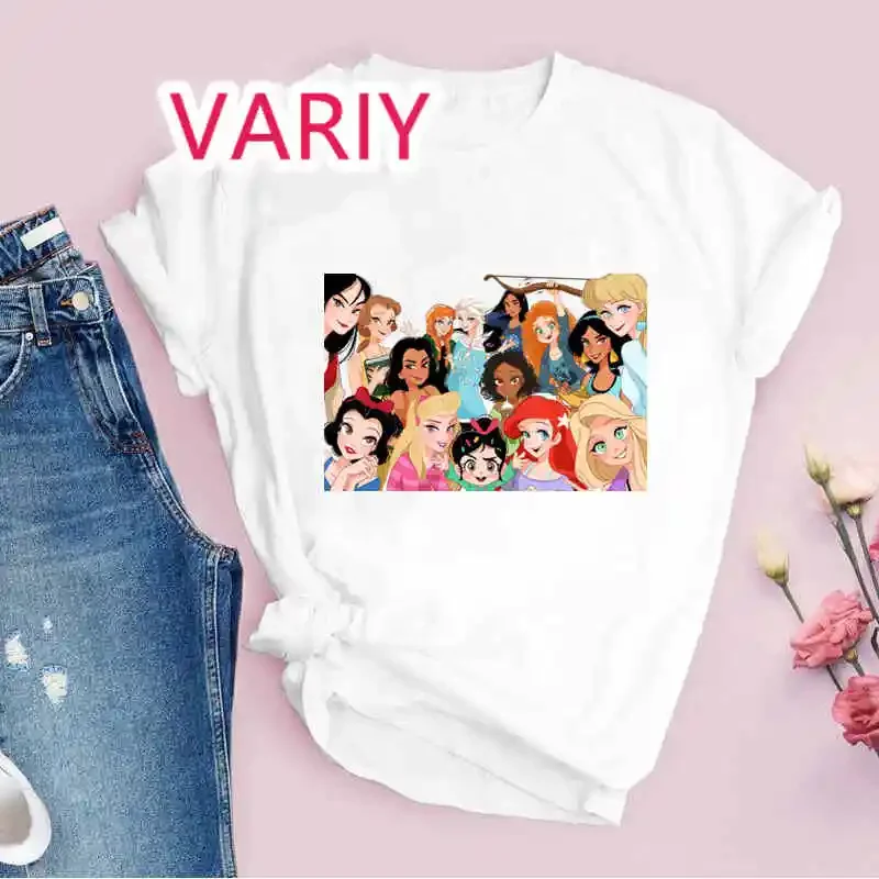 Anime Movie In Wreck It Ralph 2 Fashion Lady Tshirts Cartoon Princess Vanellope Aurora Graphic T-shirt Black Female Tee T-Shirts