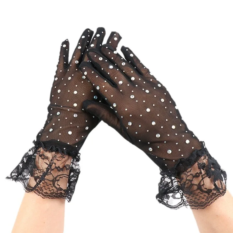 Gloves Halloween Tulle Rhinestone Full Finger Women Elegant Retro Lace Trim Party Show Bridal Black Lightweight