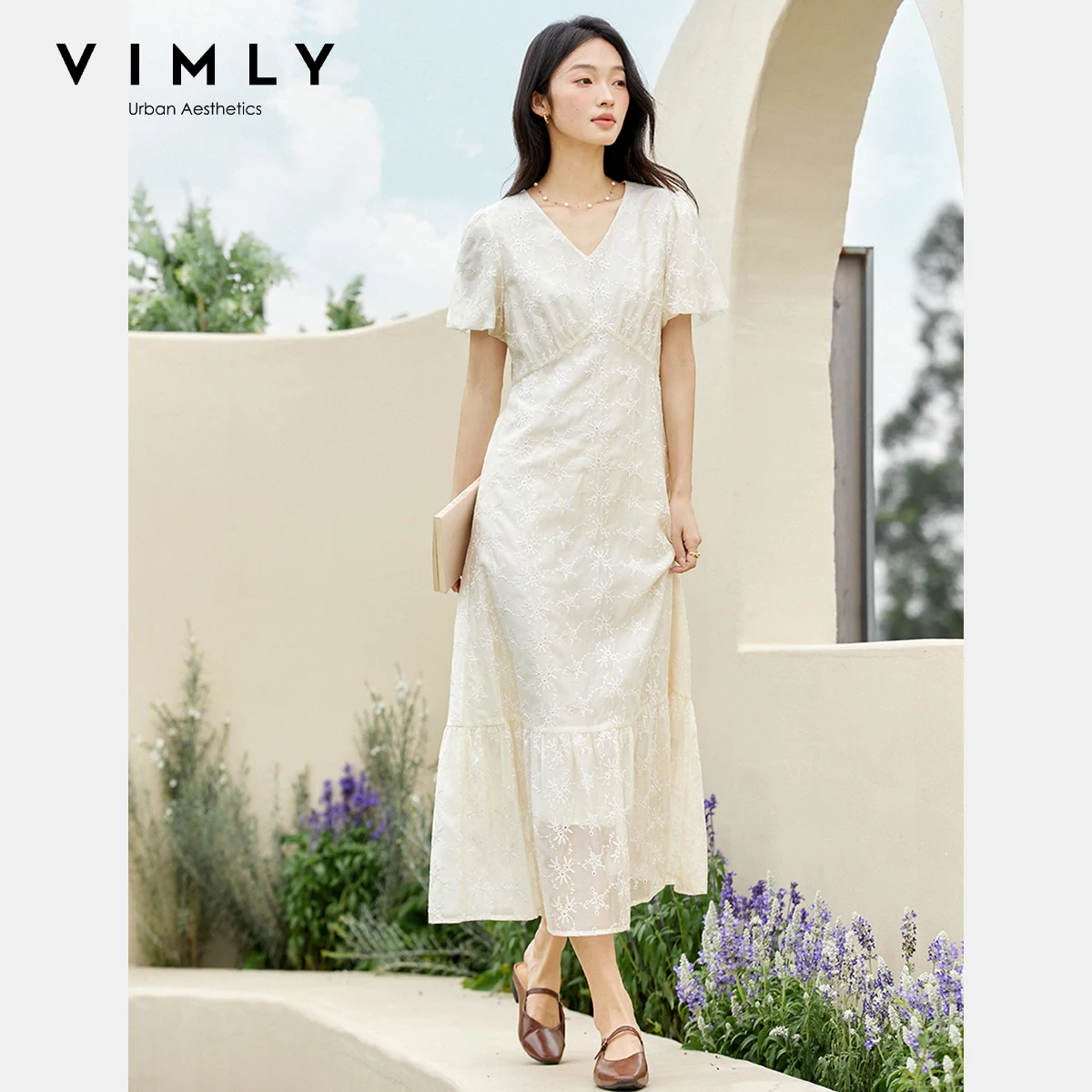 

Vimly French V-neck Summer Dress Women 2025 Lyocell Three-dimensional Embroidery Short Bubble Sleeve Long Dress Ladies A1701