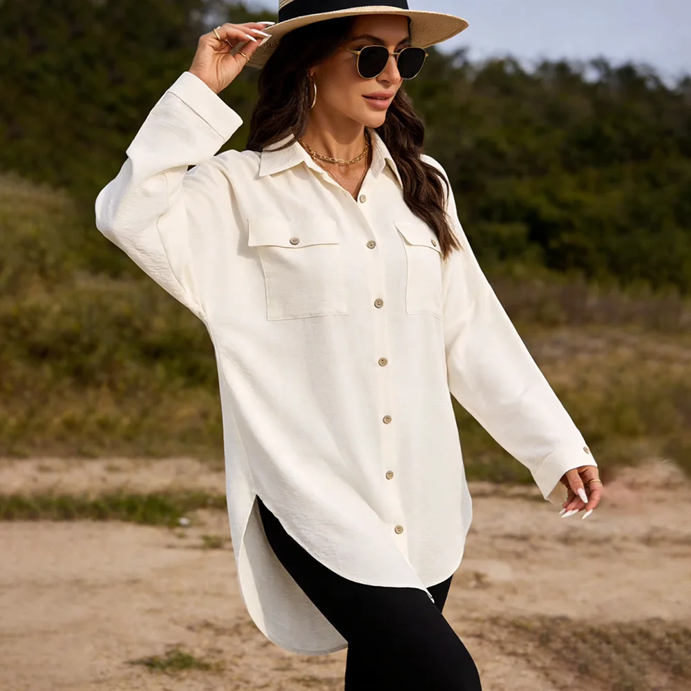 

2025 Women's Beach Swimsuit Cover-Up Shirt - Loose Button-Down Smock Dress for Poolside & Vacation