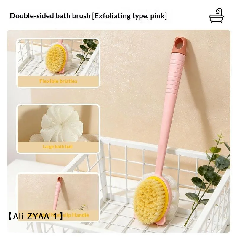 【A】2 In 1 Long Handle Bath Brush Soft Bristles Exfoliating Loofah Puff For Shower Back Cleaning For Men Women