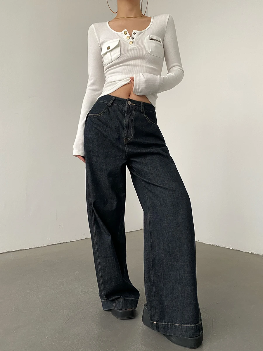 

American Retro Side Folded Denim Jeans Women's Wide Leg Pants Spring Design Casual Low Waist Long Zipper Deep Color
