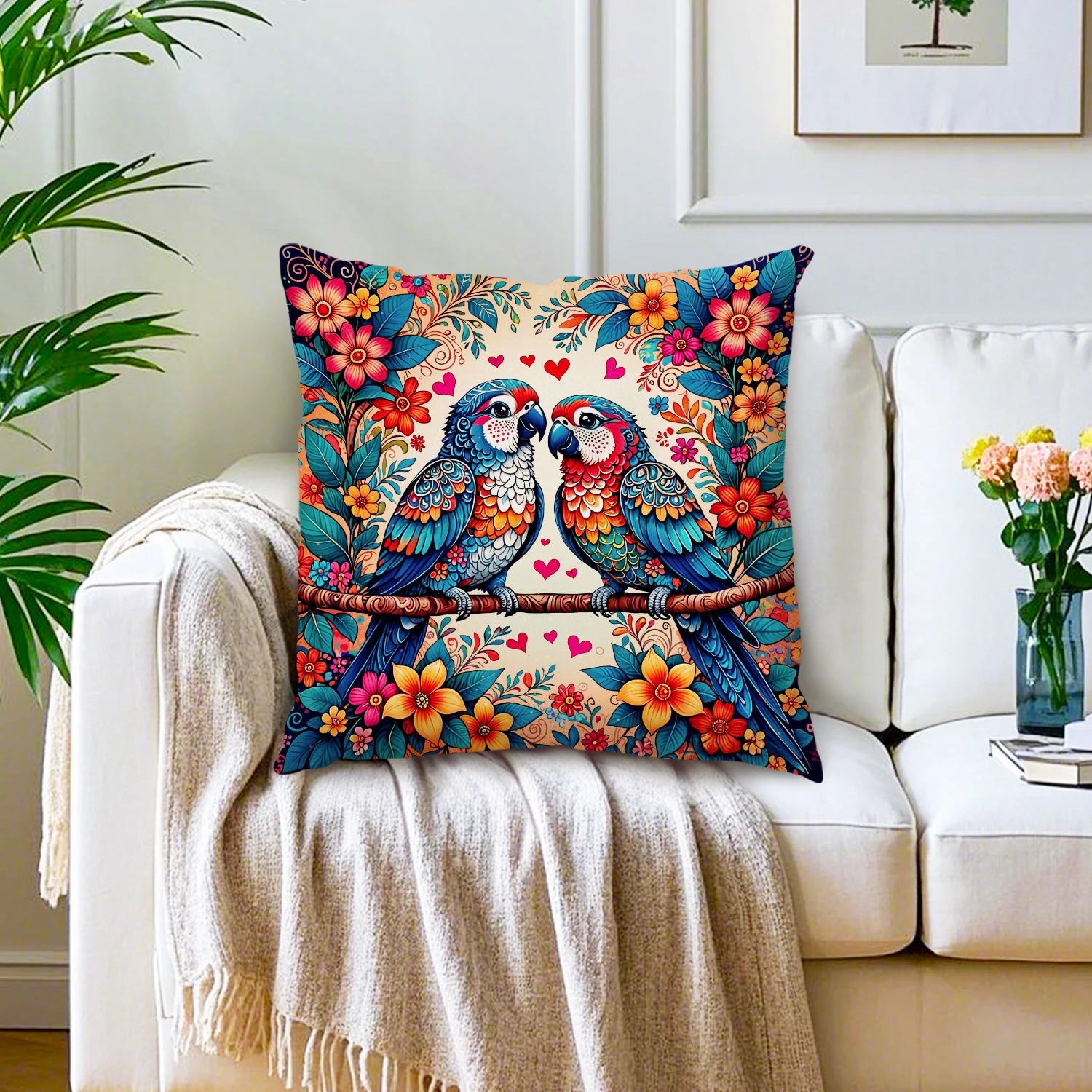 Colorful Floral Parrot Couple Cushion Cover Bohemian Botanical Sofa Bedroom Living Room Home Decor Tropical Bird Pillow Case