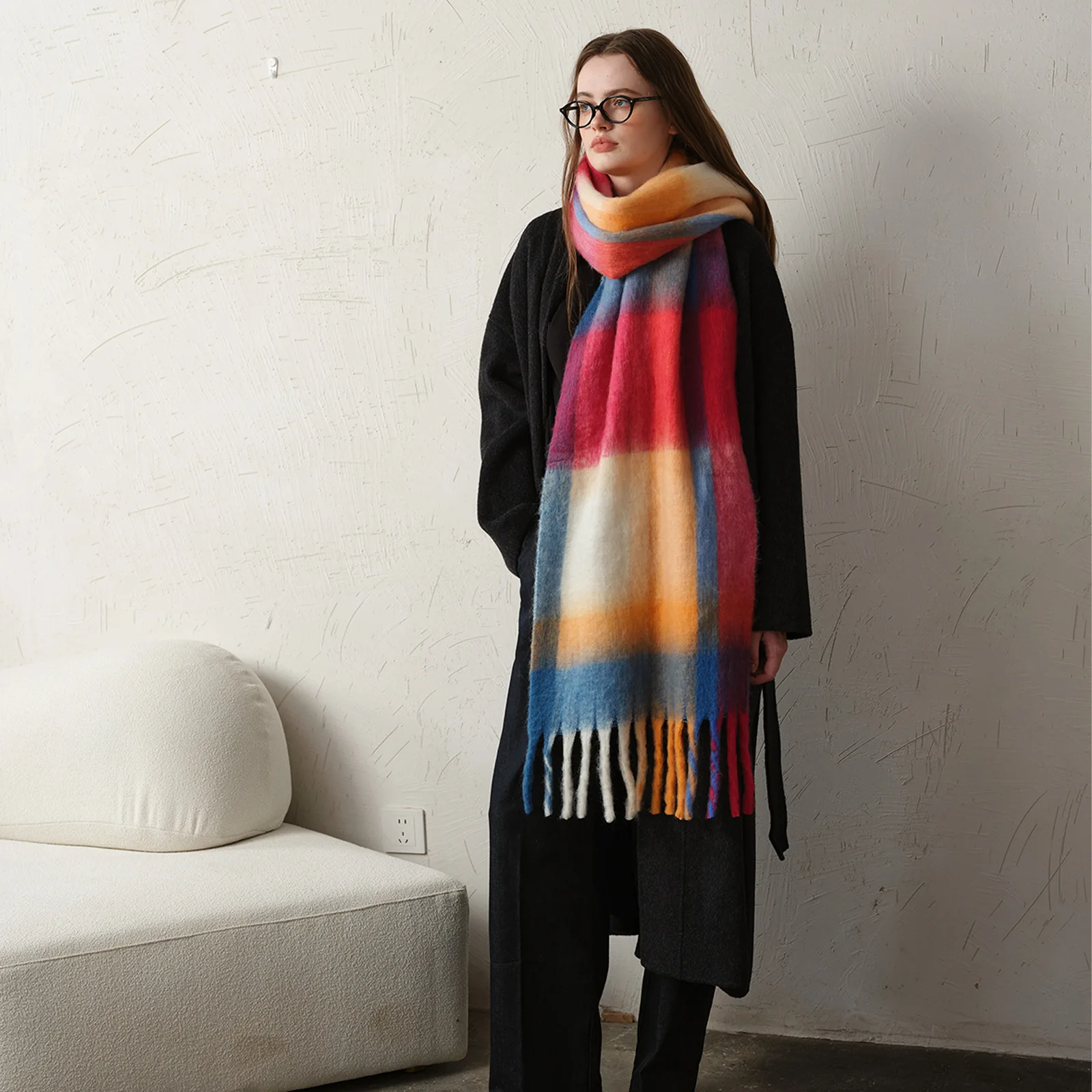 2025年冬新作 イミテーションカシミヤ レディース スカーフ 暖かい 厚手 ロング チェック柄 アウター ショール付き 粗いタッセル イミテーションカシミヤ ネックウォーマー