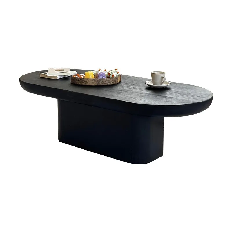 Medieval wabi-sabi black coffee table, solid wood home living room oval tea table