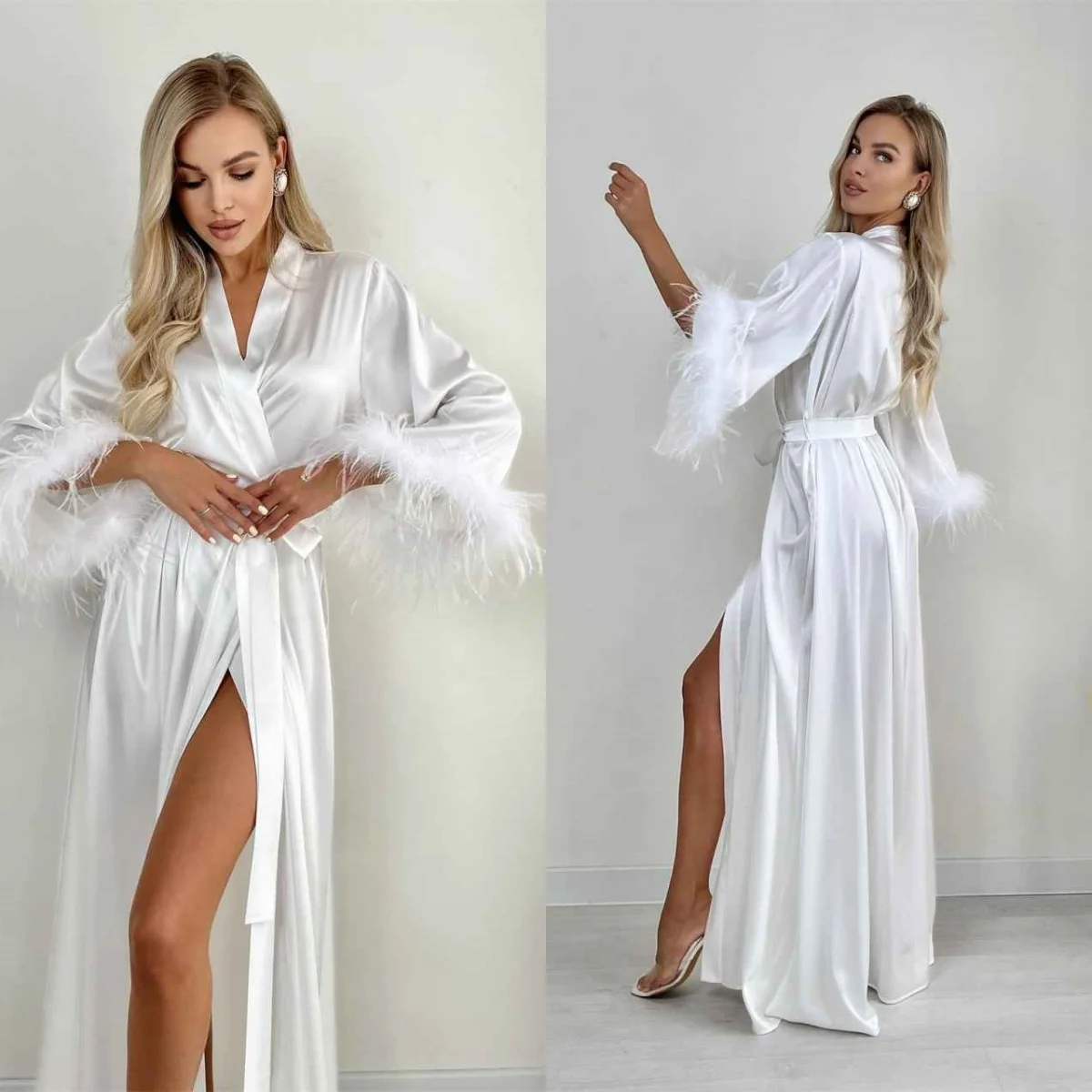 

Simple Maternity Dresses Feather V Neck Long Sleeve Women Bathrobe Pleats High Split Robe Customized Evening Dress Bata De Baño