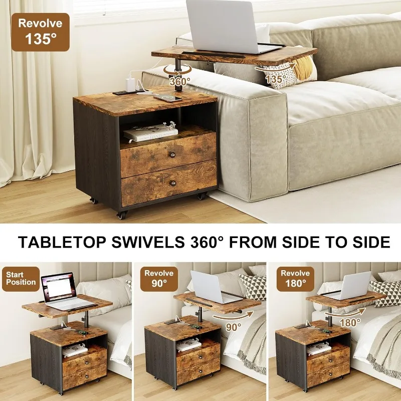 Bedroom Nightstand With Drawers & Charging Station, Adjustable Height Bedside Table With Wheels, Wooden Small Sofa Side Tables