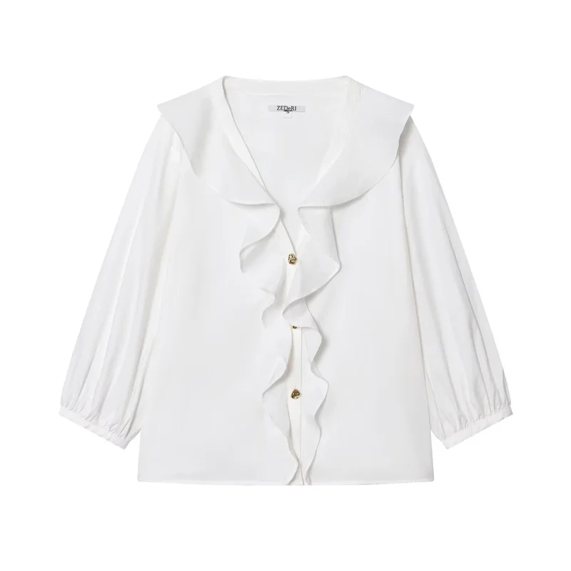 

Women's Shirt Summer 2025 New White Long Sleeve Layered Embellished Poplin Shirt Casual Fashion Personality Versatile