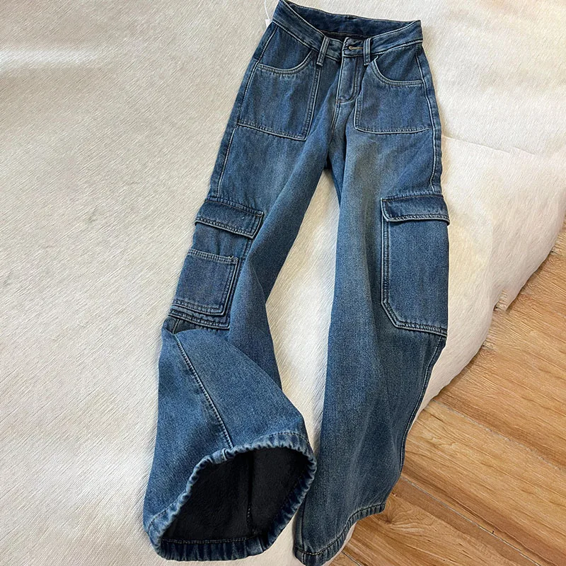 

Women's Fashionable Cargo Pants Vintage Blue Color High-waisted Pants Autumn And Winter Simple Casual Wide-leg Denim Pants