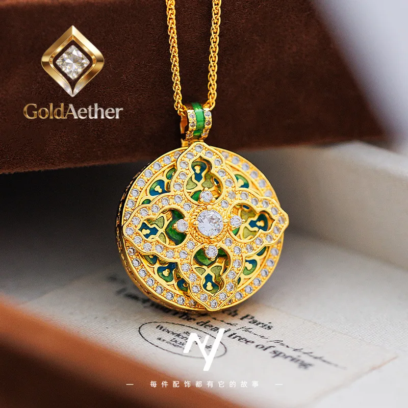 

GoldNouveau Luxury 24K 9999 Pure Gold real gold Women's National Color Tianxiang Diamond Enamel Gourd Pendant Necklace