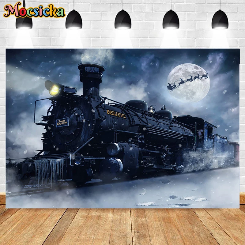 Mocsicka Christmas Train Background For Photography Kid Baby Family Winter Snowflake Xmas Tree Party Backdrop Props Photo Studio