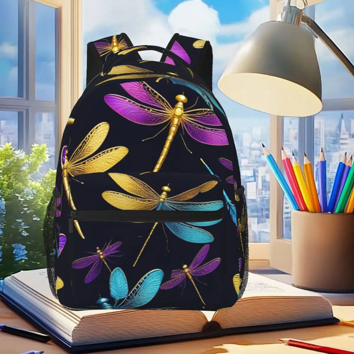 

Colorful Dragonfly With Flower Backpack Student Boys Girls BookBag Children School Bag Computer Shoulder Bags for Men Women