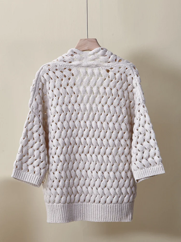 Women's 2026 Autumn Winter New 100%Wool V-neck Openwork Knit Cardigan Crochet Loose Coat
