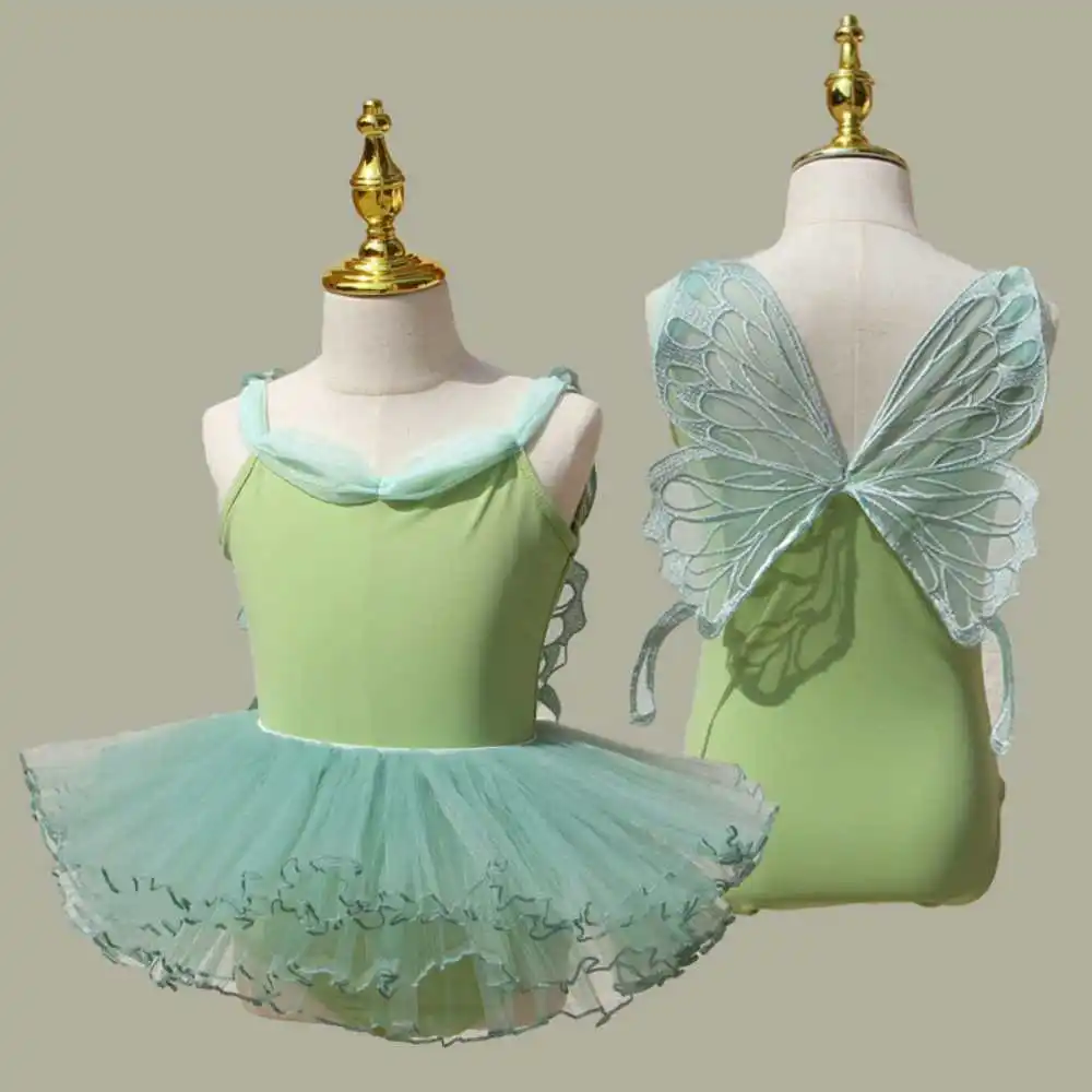 Girls toddler green fairy cosplay leotard top with butterfly wings gymnastics ballet practice tops jazz dance bodysuits for kids