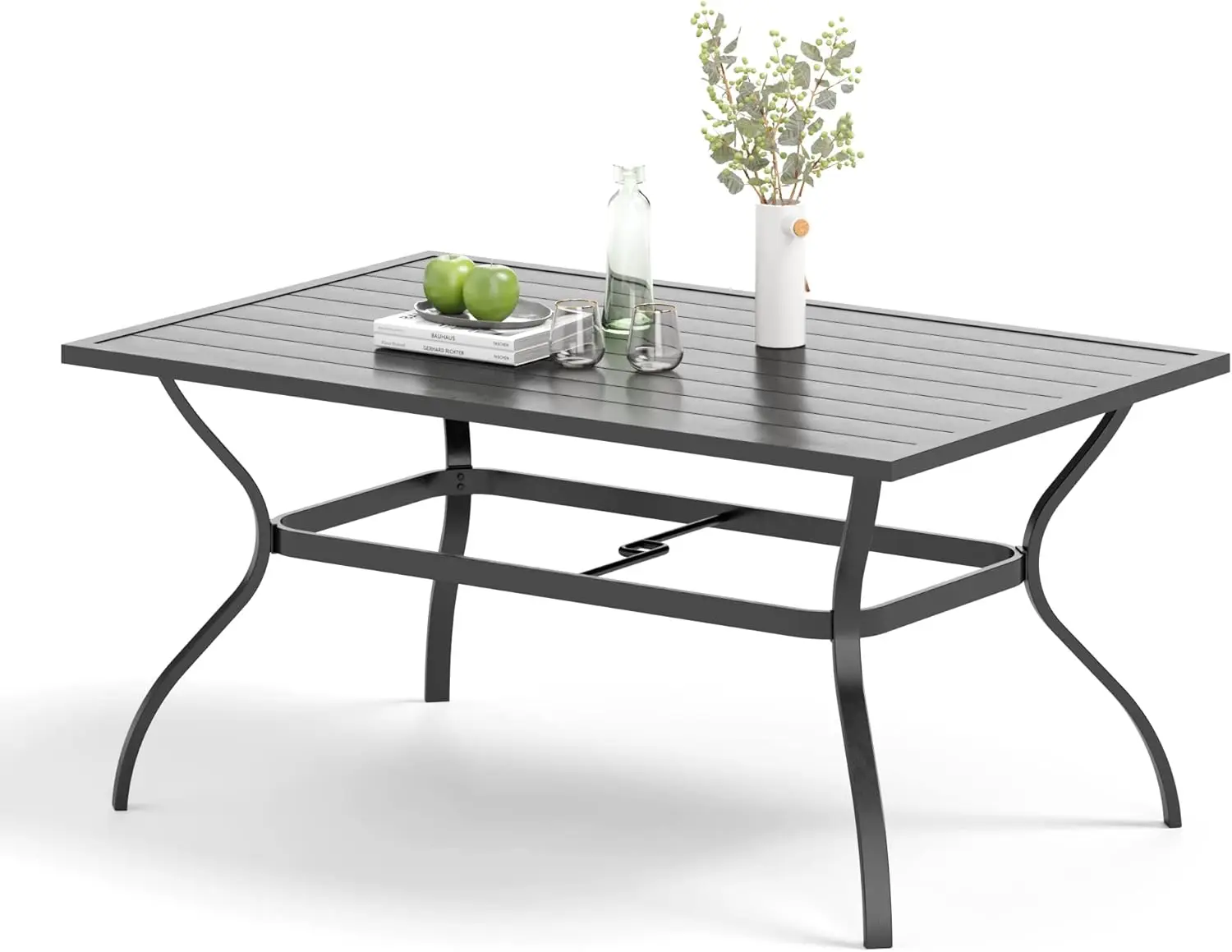 

60' Rectangular Metal Patio Table for 6, Outdoor Wrought Iron Dining Table with Umbrella Hole, Black, All-Weather, Garden & Back