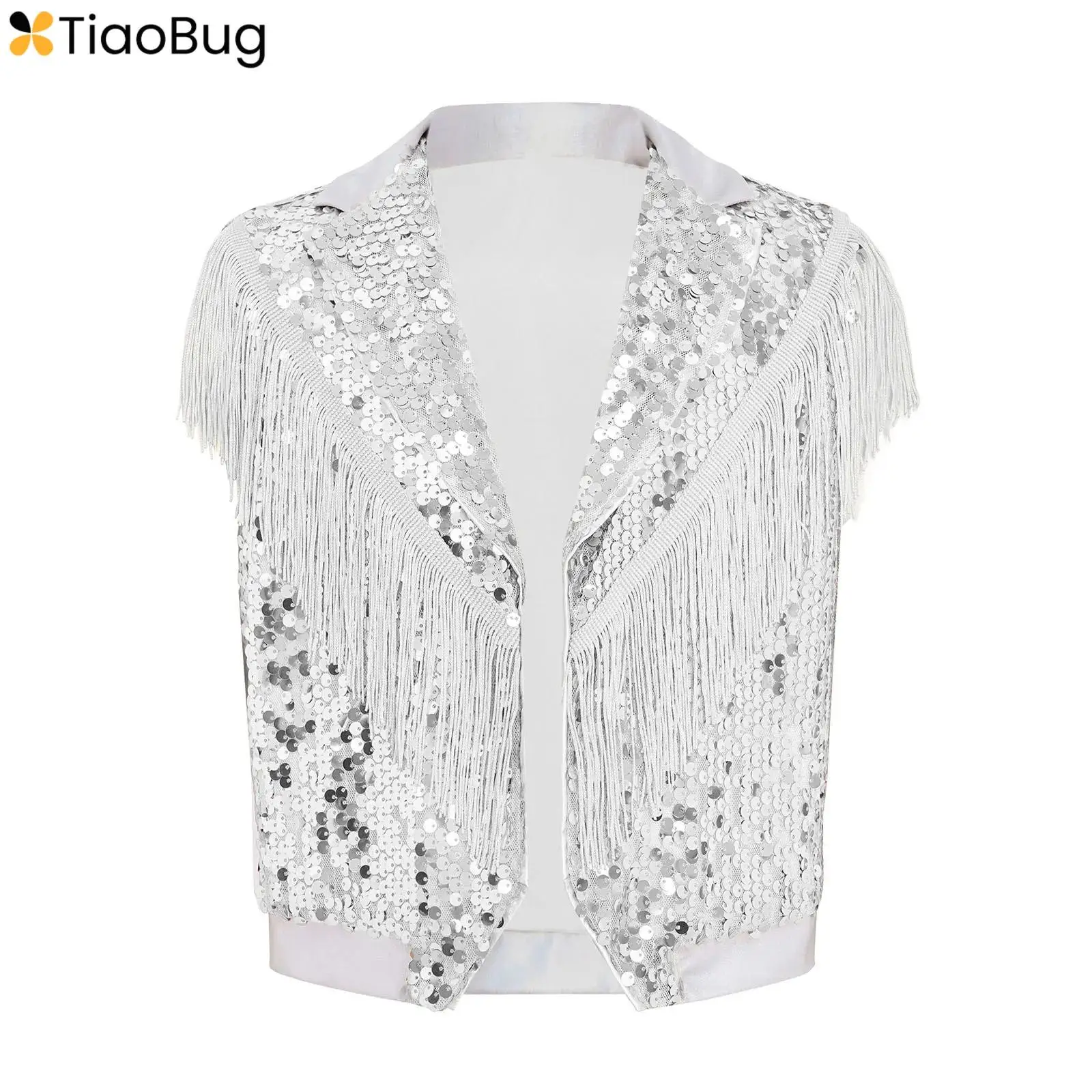 Kids Boys Sequin Open Front Tassel Vest Sleeveless Fringe Cowboy Jacket Sparkly Jazz Dance Top Outwear Competition Clothes