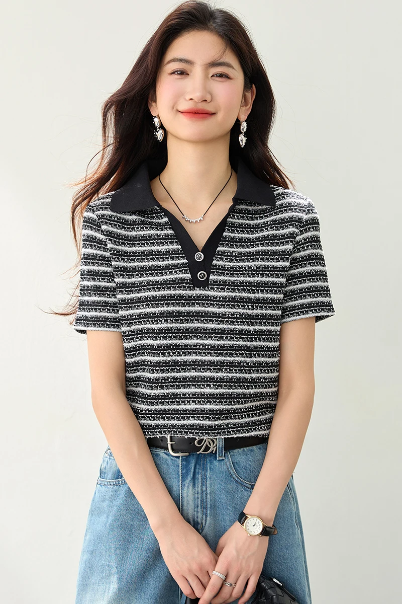 

Striped Knit T Shirt Women Summer Short Sleeve Loose Round Neck Hollow Out Ice Silk Thin Top