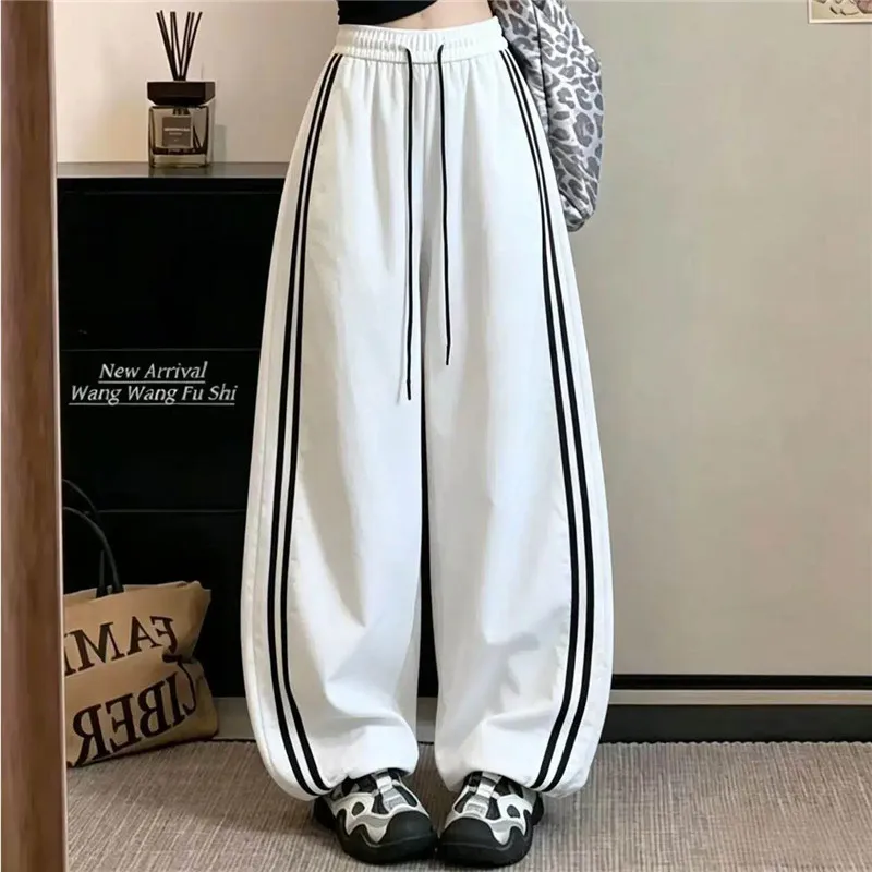 Dual Side White Stripe Quick Dry Hip Hop Wide Leg Pants Unisex Loose Straight Trousers Streetwear Casual Sports Daily Sweatpants