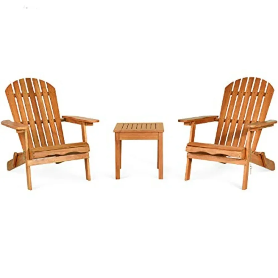 Adirondack Chair Set 3-Piece Foldable Wooden Chairs with Widened Armrest, Eucalyptus Frame and Matching Side Table for Outdoor