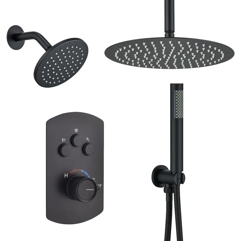 12 Inch Ceiling Mounted Black Shower System, Dual Rainfall Shower Head & High Pressure Handheld Spray Combo, 3-Function