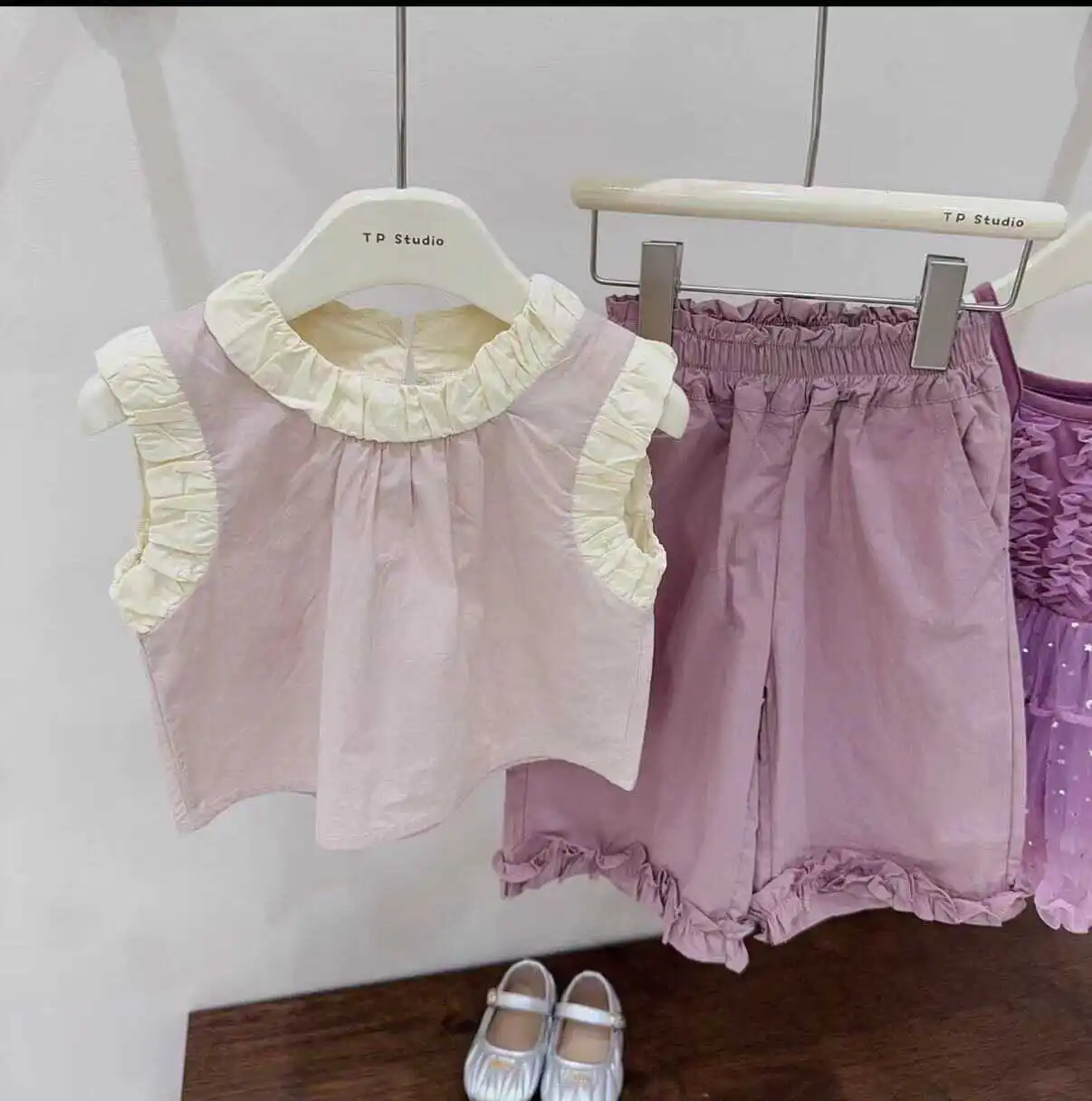 1-10Y Taro purple summer baby girl cute set girls cotton vest + eight trousers outing two-piece set 90 100 110 120 130cm