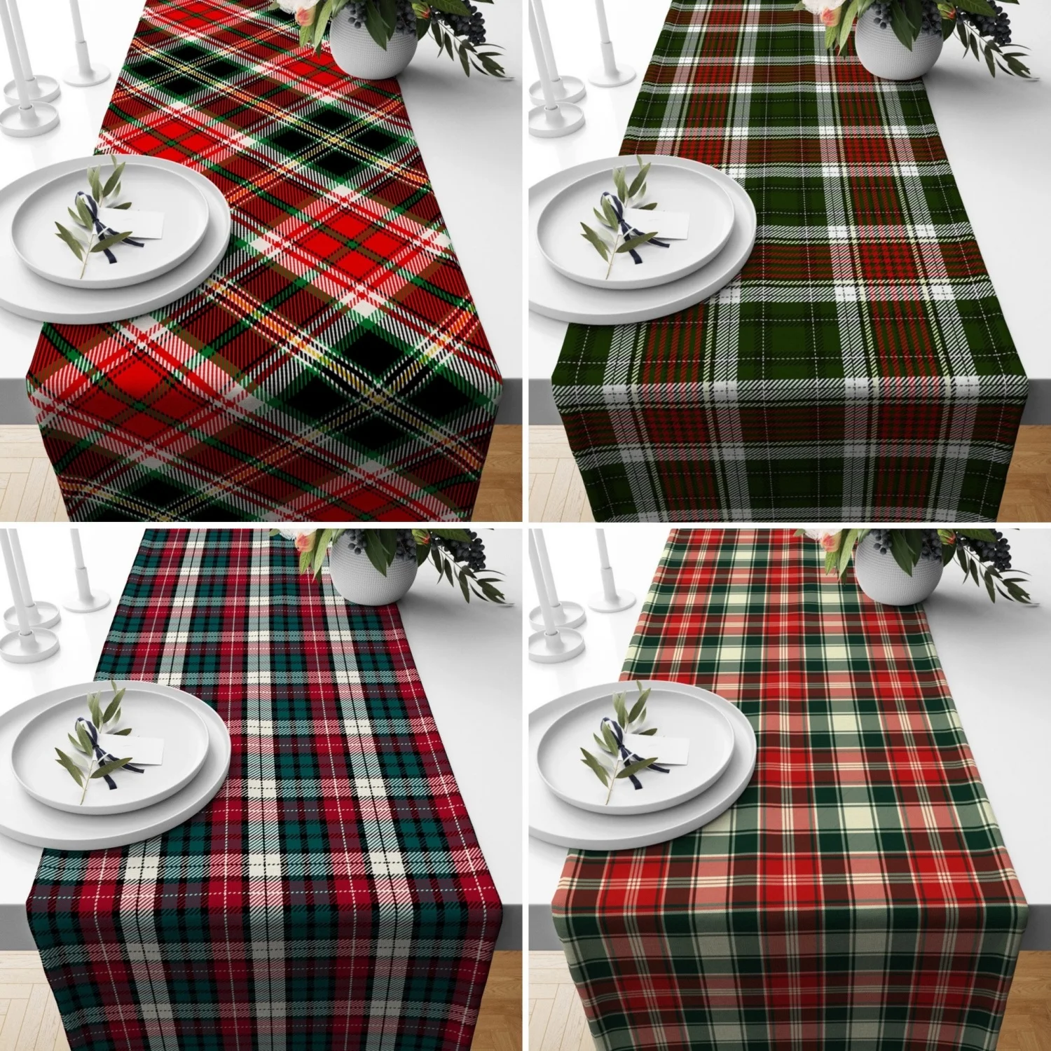 Weihnachts-Tischläufer mit Schottenkaro- und Karomuster, rot-grüner schottischer Design-Läufer, Winter-Tischdecke, Noel Home Decor