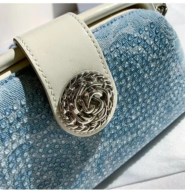 High Quality Blue Denim Fashion Cloud Bag Women\'s Handbag Floral Crystal Diamond Shoulder Messenger Bag Lady Purse Female Armpit