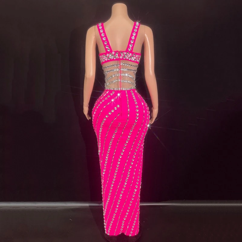 Sukienka z różowymi czerwonymi dżetami na imprezę dla piosenkarki, sukienki wieczorowe, kostium do występów jazzowych, strój sceniczny, na wybieg, XS9616