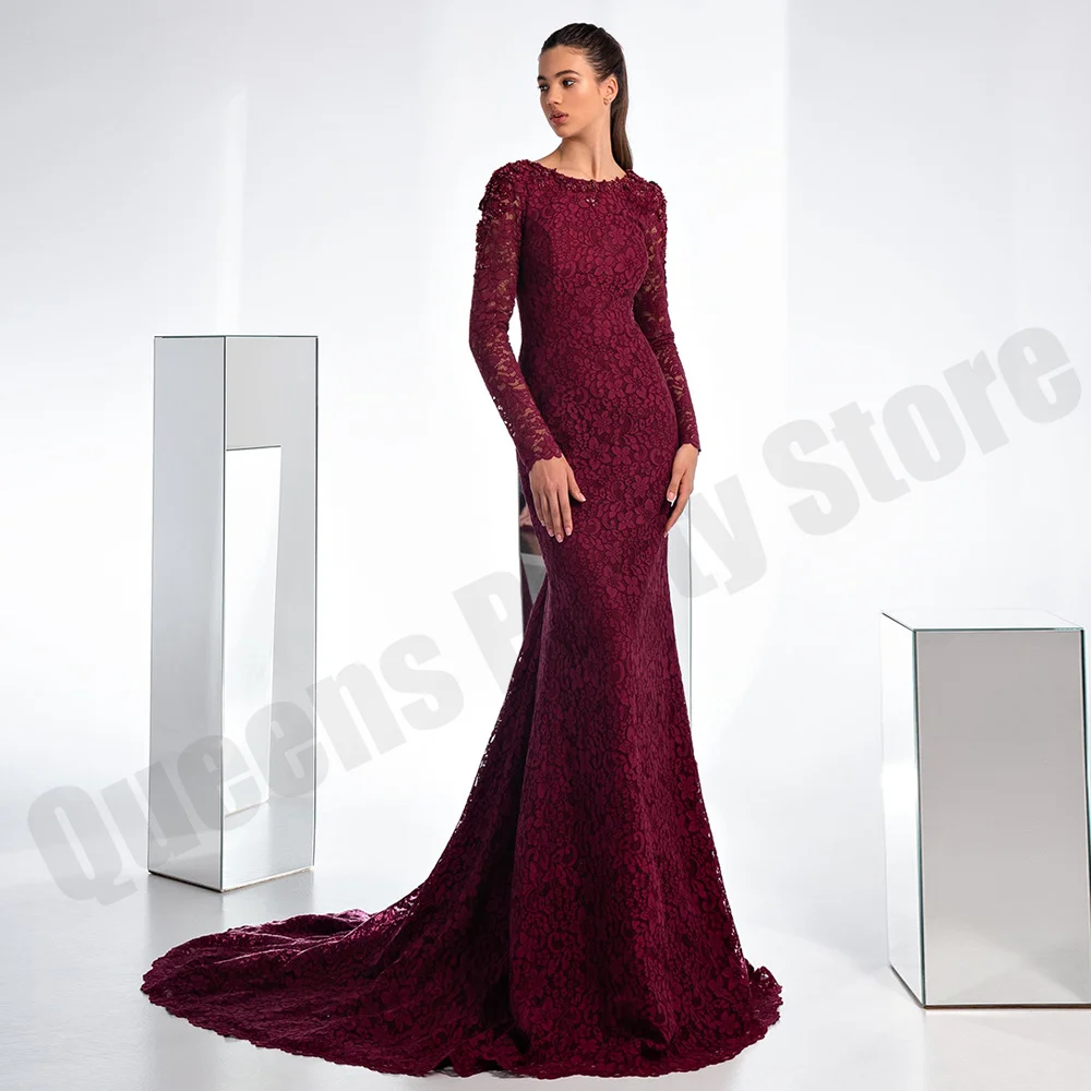 

Burgundy Lace Mermaid Mother of The Bride Dress 2024 Scoop Neck Long Sleeves Pearls Arabic Evening Gown Wedding Guest Dresses