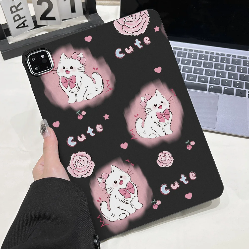 Cute Bow White Kitten Tablet Protective Case For Apple iPad Air 11 2025 2026 Pro 12.9 13 11 10.5 Mini 2021 2024 Anti‑Slip Cover