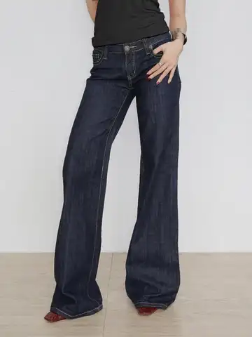 Damen Slim Fit Flared Jeans Y2K Vintage Low Rise Stretch Denim Hose mit Stickerei Distressed Style für alltägliche Outfits