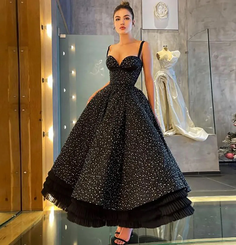 Elegante tornozelo comprimento vestidos de noite das mulheres, preto Ruffles Prom Dresses, A linha celebridade