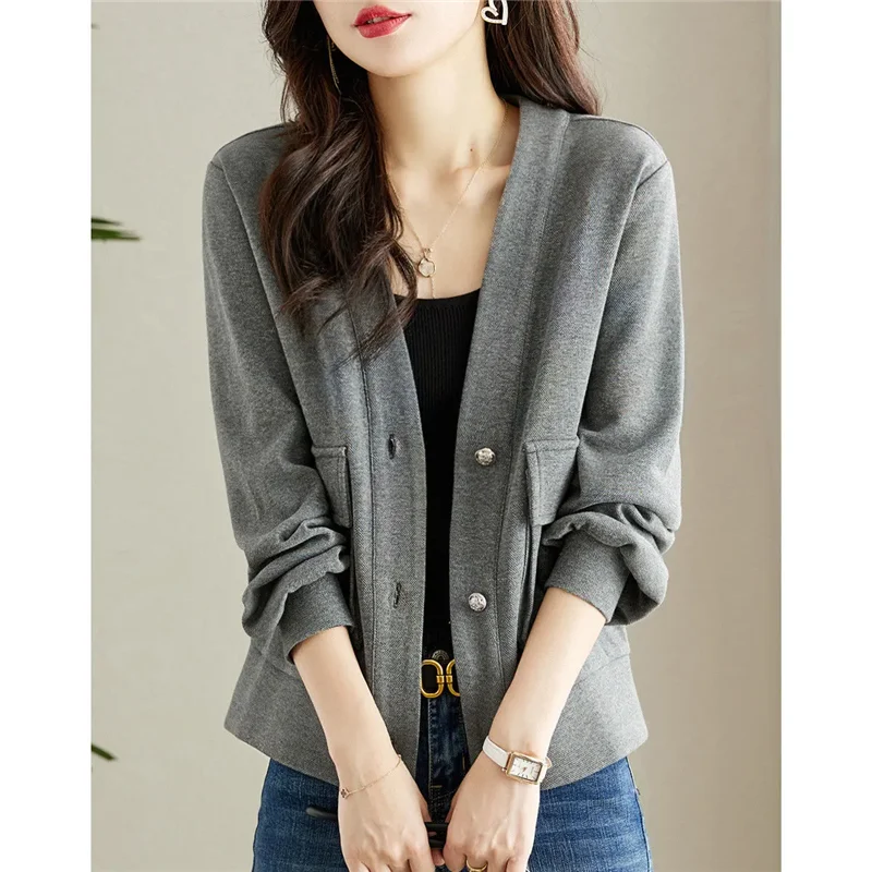 Printemps automne femmes Cardigan manteau 2025 nouvelle mode loisirs veste chaude hauts en tricot col en v gris couleur Pure vêtements d'extérieur femme
