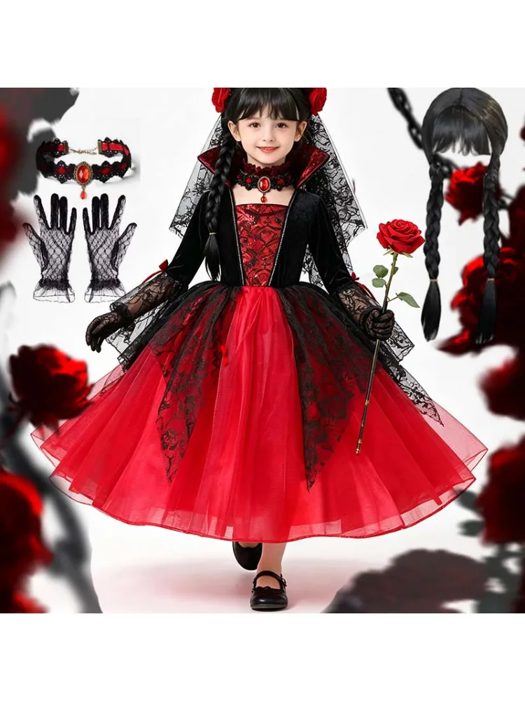 Kinder Mädchen Cosplay Gothic Dunkle Geisterbraut Hexe Vampir Halloween Kostüm Rot-Schwarzes Tutu-Kleid Perücke Schleier Set für Süßes oder Saures